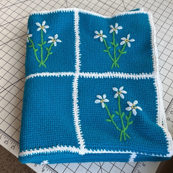 Other - Vintage Hand-Crocheted Daisy Throw Blanket – 1970s Blue & White Afghan – 72x38”